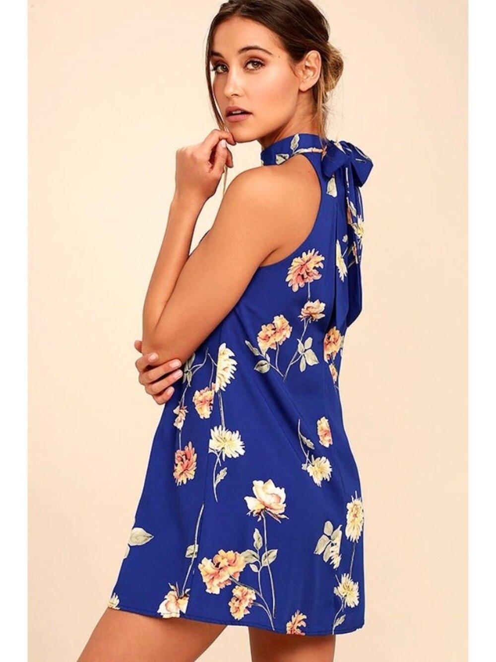 Lulus Swing Dress Size Medium Royal Blue Floral Print Sleeveless V-Neck Keyhole - Picture 2 of 14